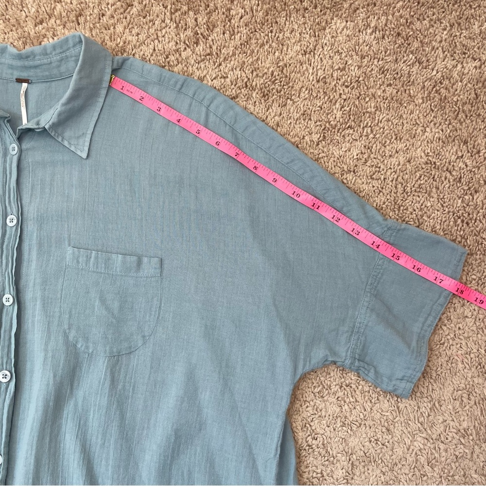 FREE PEOPLE Best of Me Blue Button Front Waterfall Top High-Low Raw Hem Blouse - Picture 12 of 16